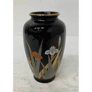 Vintage Otagirl Japan Black Gold Rimmed Iris Floral Ceramic Vase Asian Decor 5"